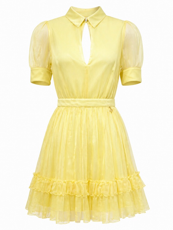【新品DRESS 99】襟付きバストカットシルクフレアミニドレス イエロー【MANGANO】